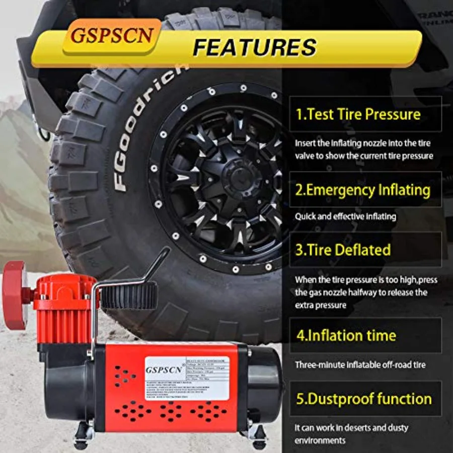 مضخة ضاغط هواء محمولة 12 فولت 150 رطل لكل بوصة مربعة منفاخ إطارات أحمر لسيارة شاحنة RV ATV كرات الدراجة جزازة العشب وغيرها من المطاطيات الثقيلة