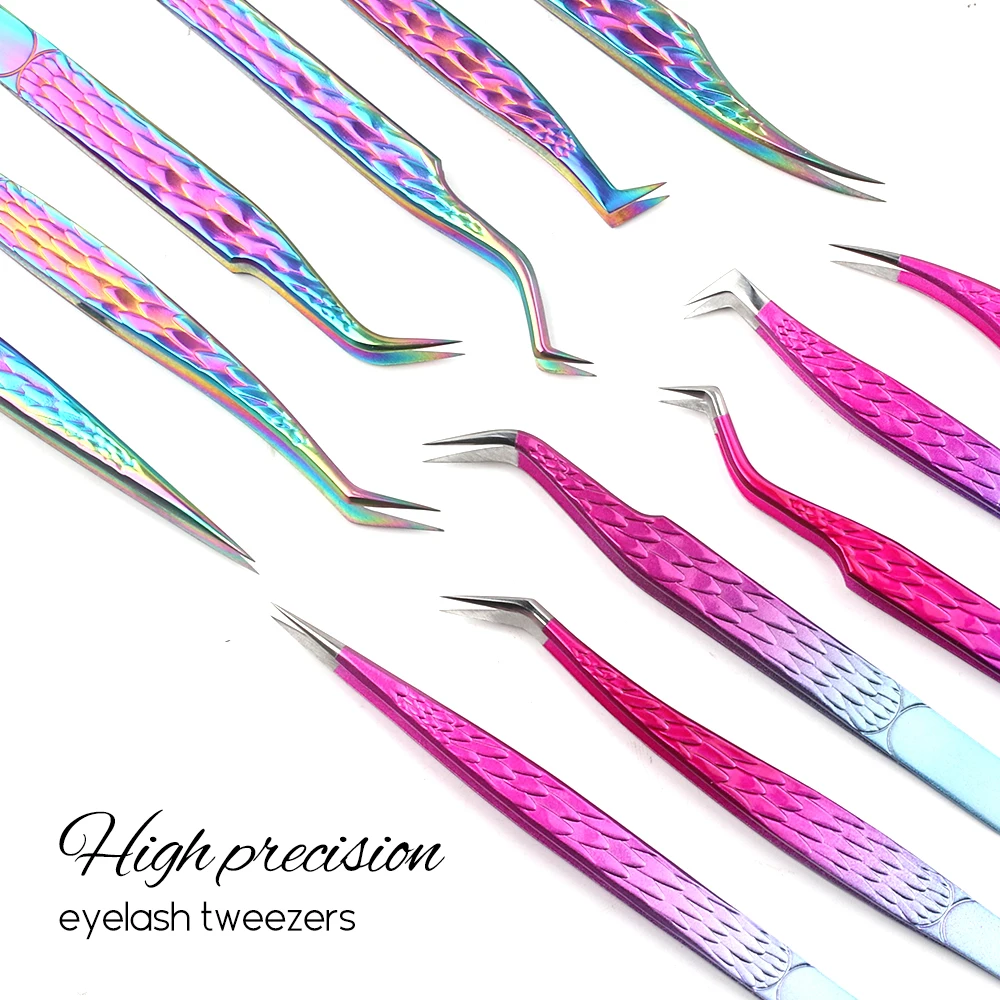 Gemerry Tweezers for Eyelash Extension Colorful Stainless Steel Superhard Tweezers High Precision Anti-Static Makeup Tweezers