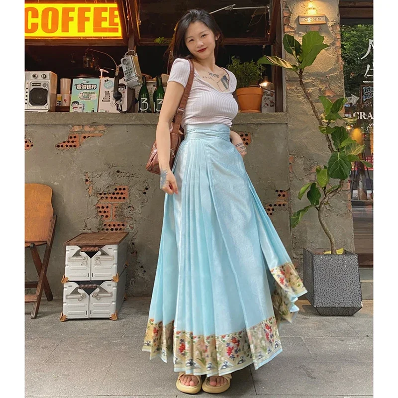 Jaqueta Hanfu de padrão escuro para mulheres, maquiagem imitação, gaze floral, saia de rosto de cavalo, roupas modernas chinesas tradicionais, dinastia Ming