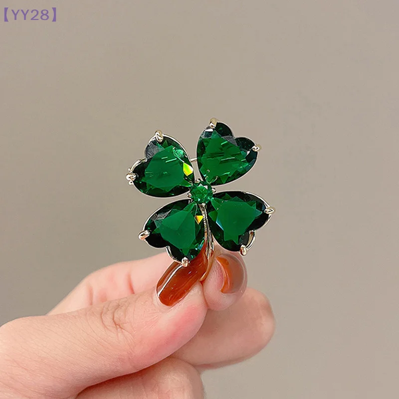 【YY28】Lucky Four-leaf Clover Brooch French Retro Emerald Corsage Fixed Clothes Pin Buckle Lady Wedding Jewelry Accessories{Y}
