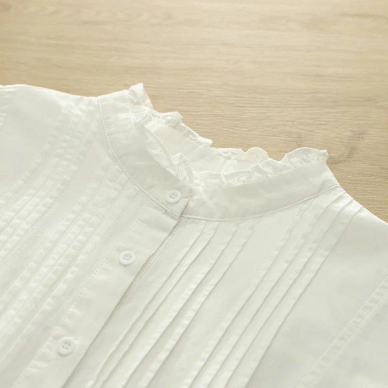Neue 2025, Herbst Baumwolle Langarm Shirt, Frauen Stehen Falten Rüschen, Mori Mädchen Mode Lässig Lose Bluse T59821CC