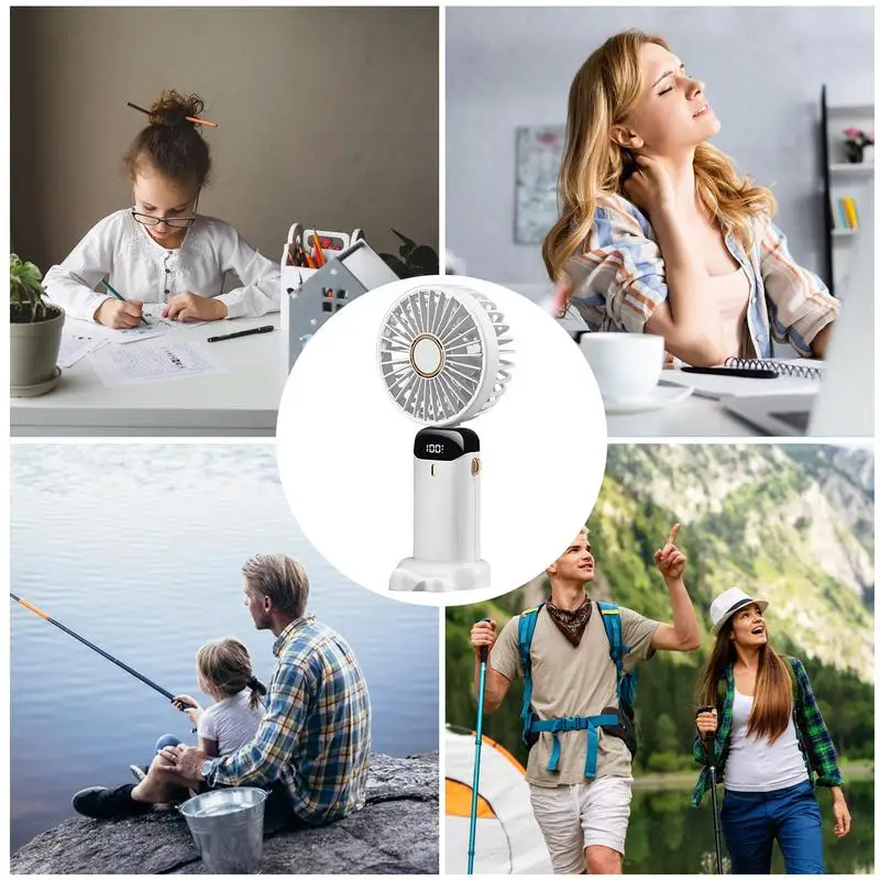 Ventilador portátil portátil com suporte do telefone, ventilador pessoal dobrável, display digital LED, ventilador recarregável USB, 5 velocidades