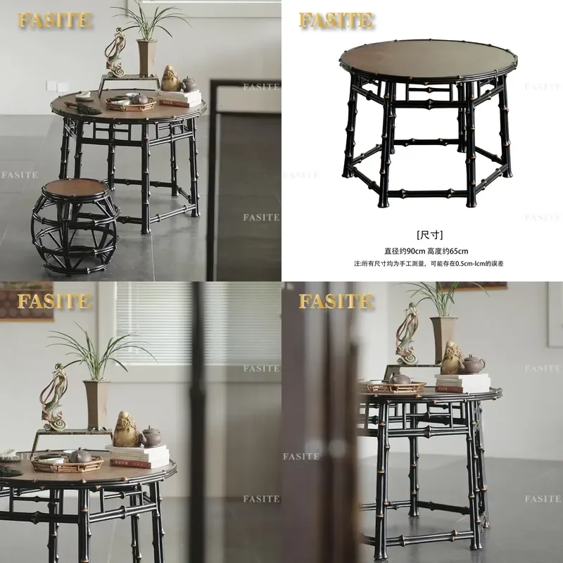 For New Chinese Style Bamboo Antique Round Coffee Table Tea Table Set Fine Craftsmanship Household Balcony Drum Stool Combo