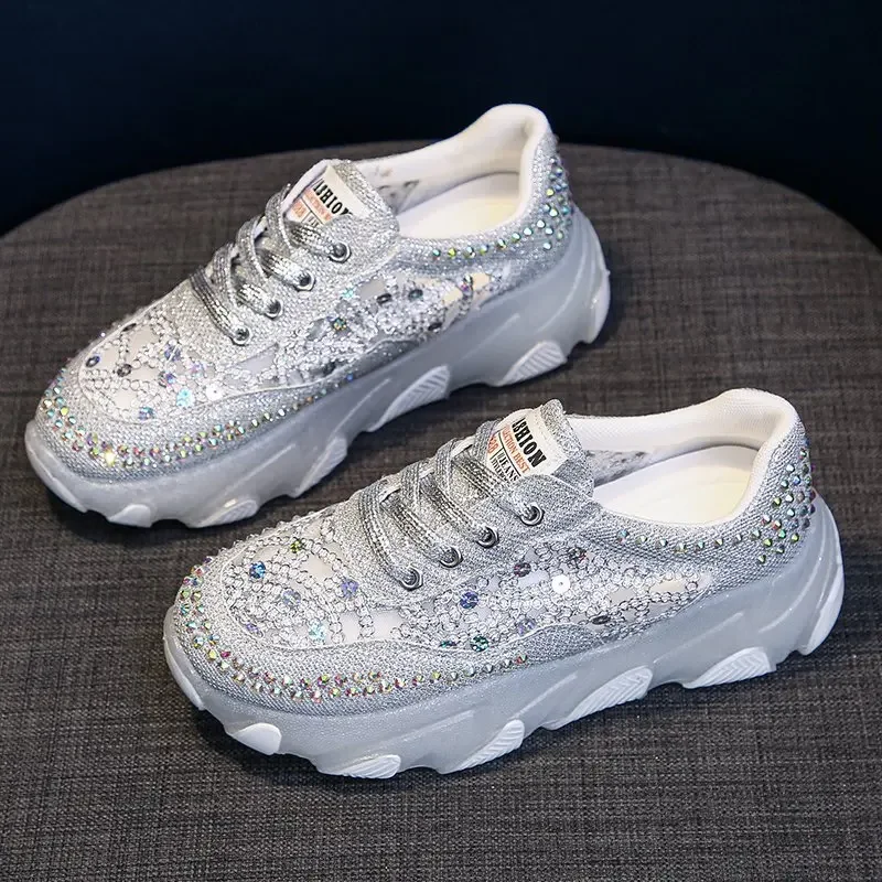 Women's Rhinestone Sequins Sneakers Lace-up Casual Dad Shoes Spring Breathable Thick Bottom Trainers Zapatilla Deportiva Mujer