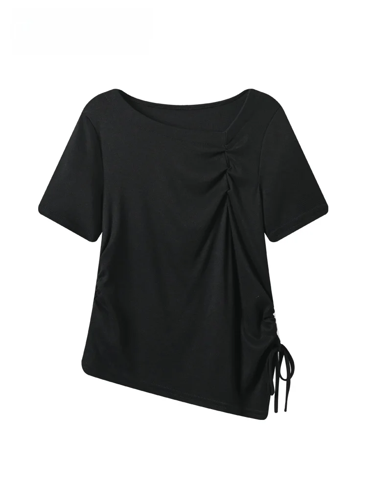 

Summer New Women's plus Size T-shirt Cara CLUB Short Sleeve Pleated Asymmetrical Shoulder Design Trendy Casual Polyester Blend