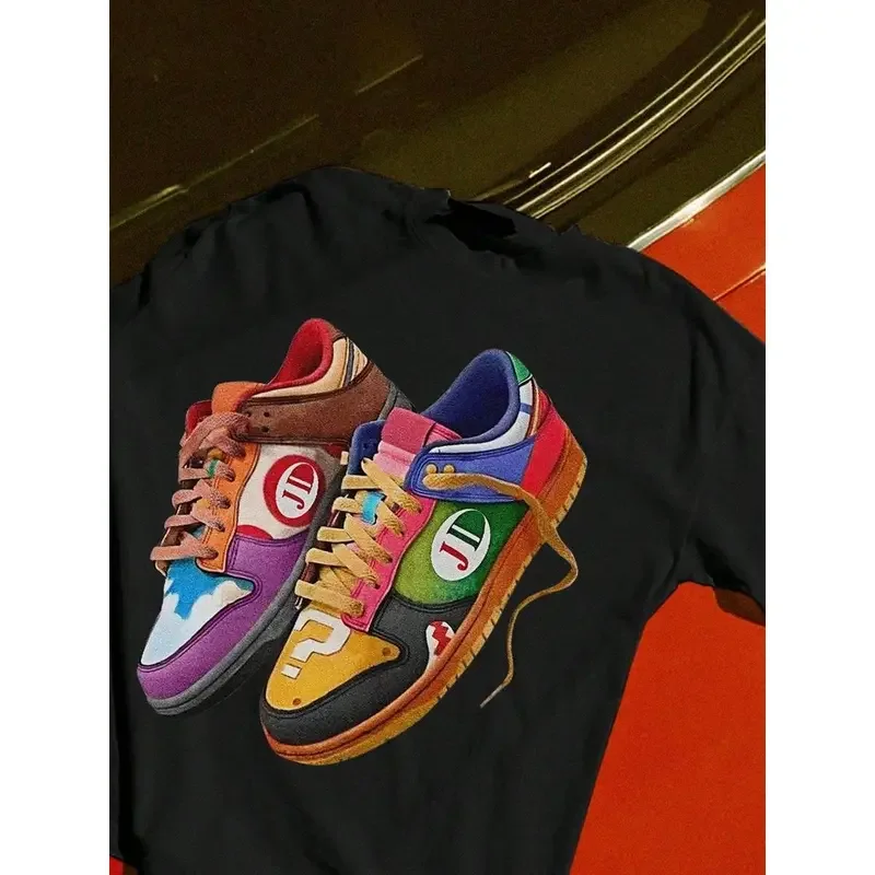 Men's Baggy Oversized Short-Sleeve Round Neck T-Shirt - Fun Colorful Sneaker Print, Menswear Tops, Young College Streetwear, Casual Daily Sportswear, Shortsleeve