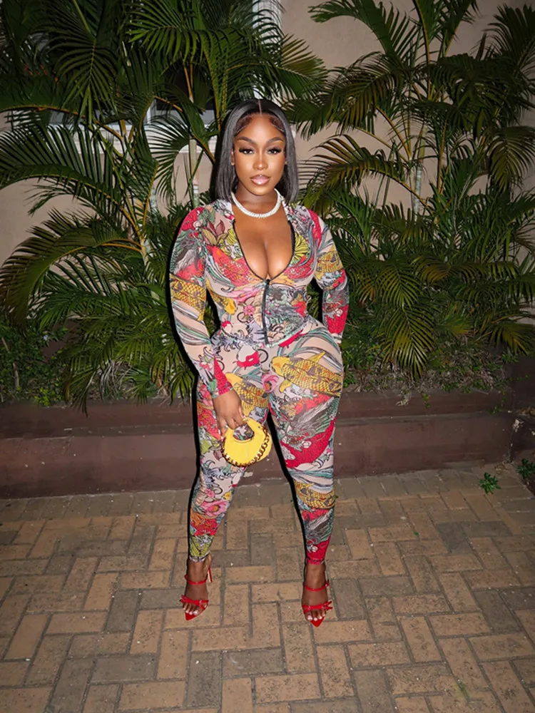 

BKLD 2026 New Women's Fashion Printed Long Sleeve Zipper Hooded Crop Tops+Pants Two Piece Sets Sexy Party Club Outfits