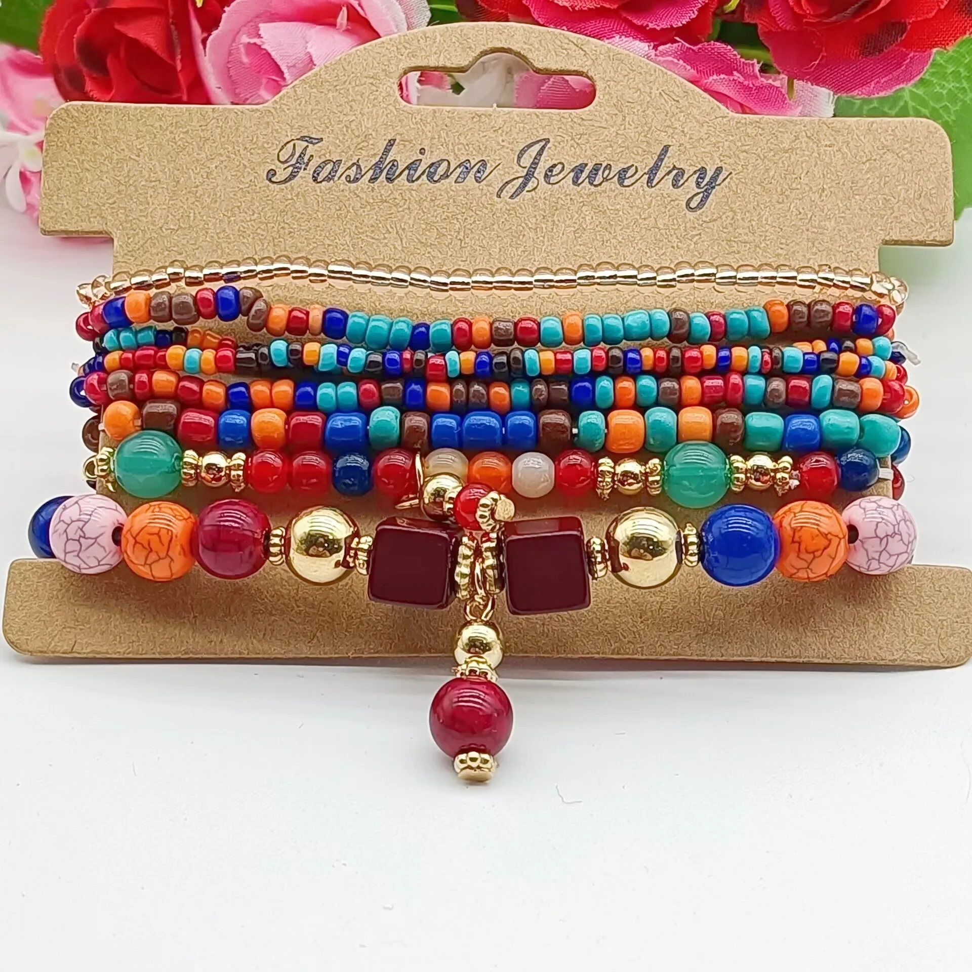 Conjunto de pulseras bohemias hechas a mano para mujer, brazalete de cadena con cuentas de semillas de colores, joyería artesanal para fiesta diaria