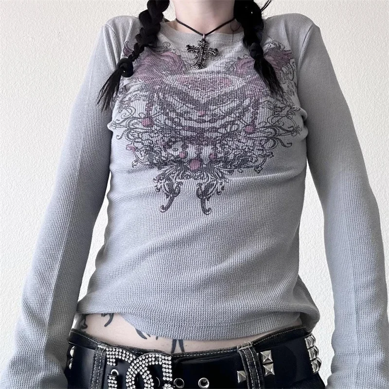 Camisetas Grunge Y2K para mujer, camiseta gótica con estampado de calavera de manga larga, Top Vintage de hada Grunge, ropa Punk, ropa de calle