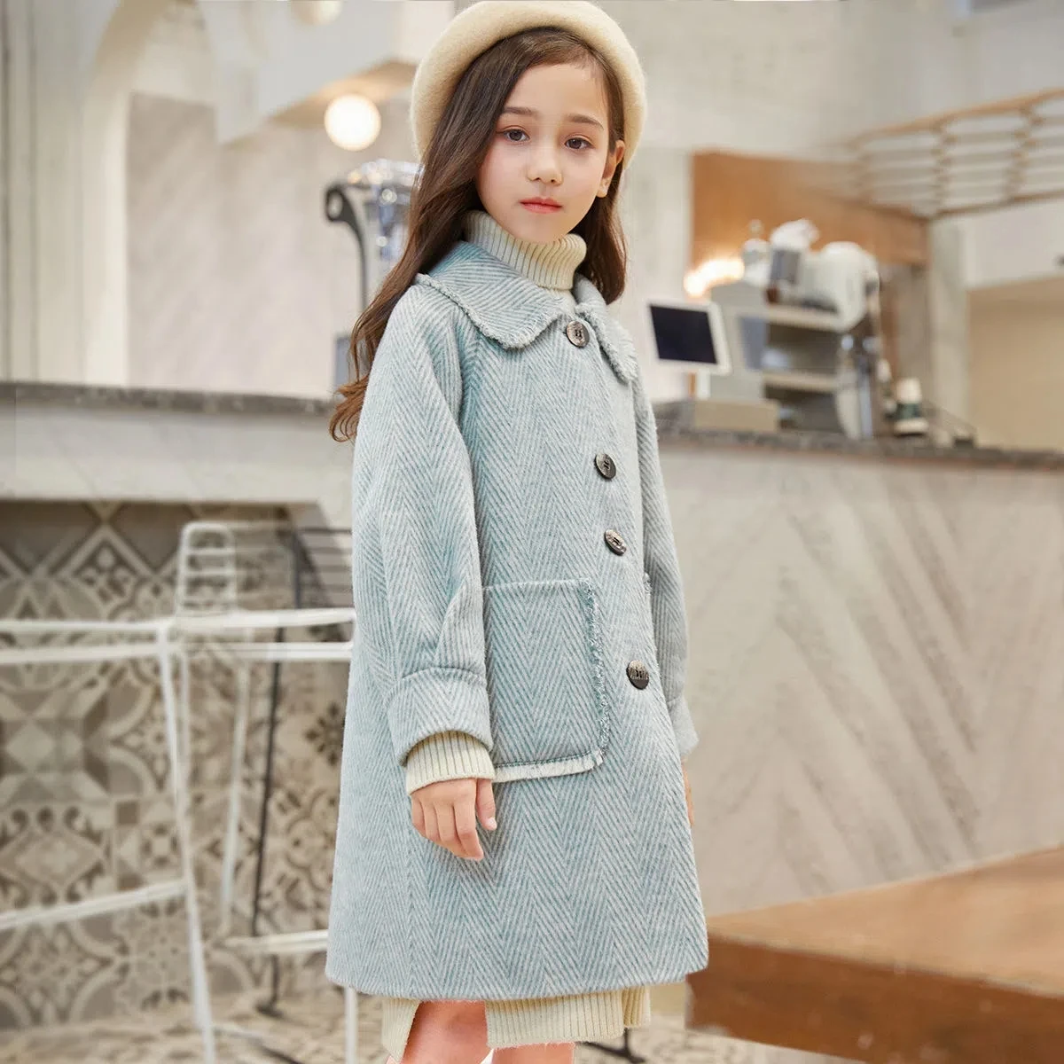 Autumn Girls Woolen Dress Jacket with Pockets Kids Button Lapel Lining Long Coat for Girls Blue Beige Elegant Trench Coat 6-14