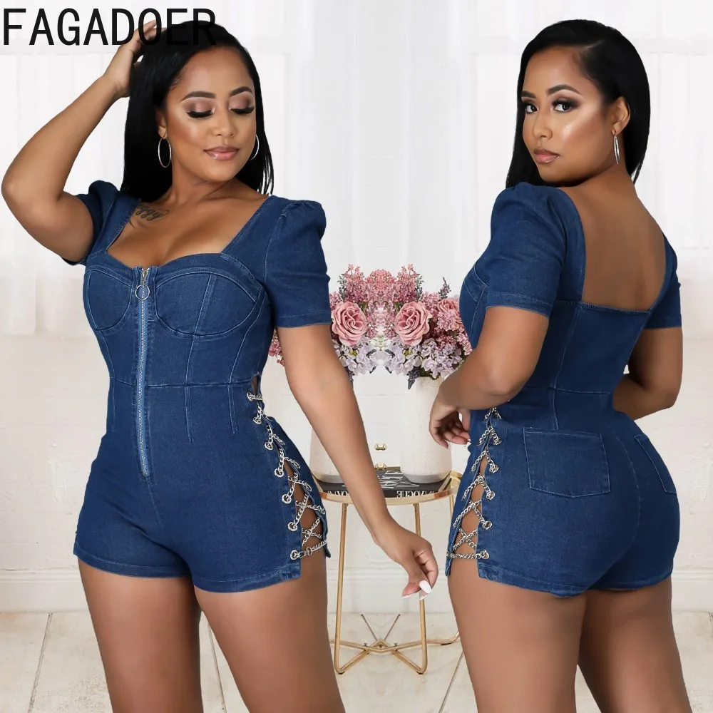 FAGADOER Sexy Bandage Patchwork Denim Rompers Women Zipper Short Sleeve Bodycon Jeans Jumpsuits Female One Pieces Overalls New