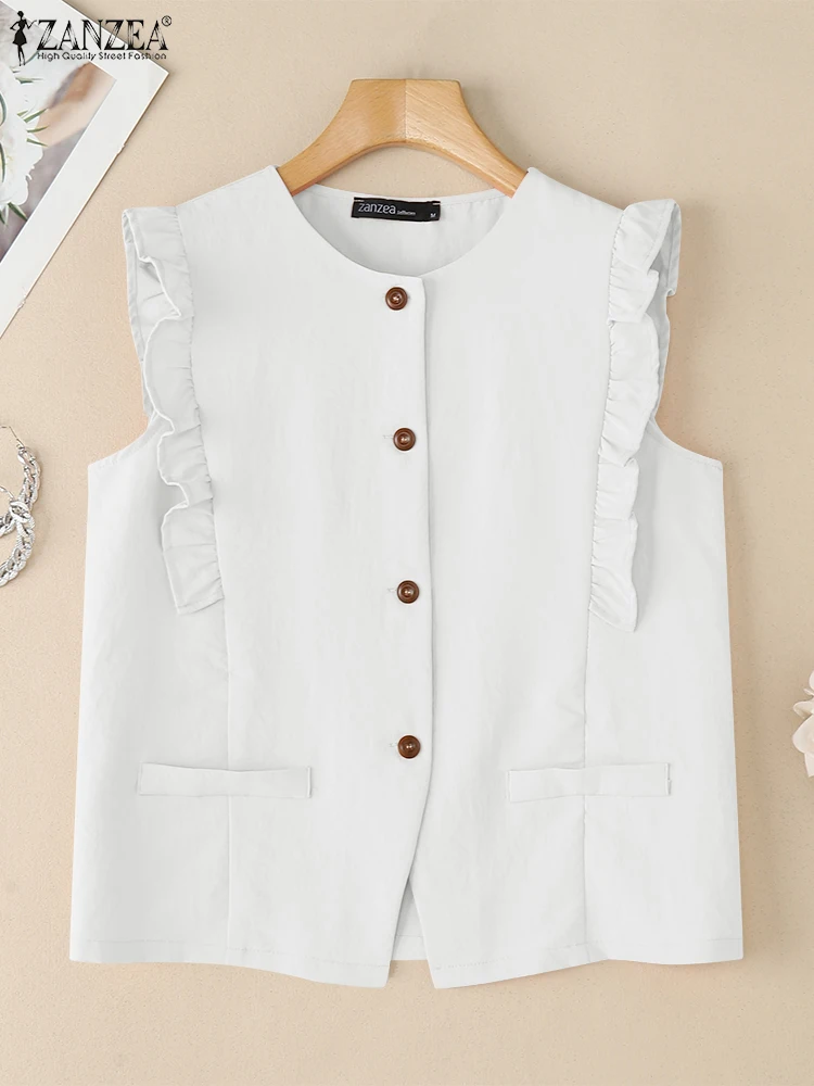 

2025 Summer Sleeveless Office Blouses ZANZEA Women Elegant Solid Work Shirt Stylish Flounce Holiday Tops Casual Buttons Blusas