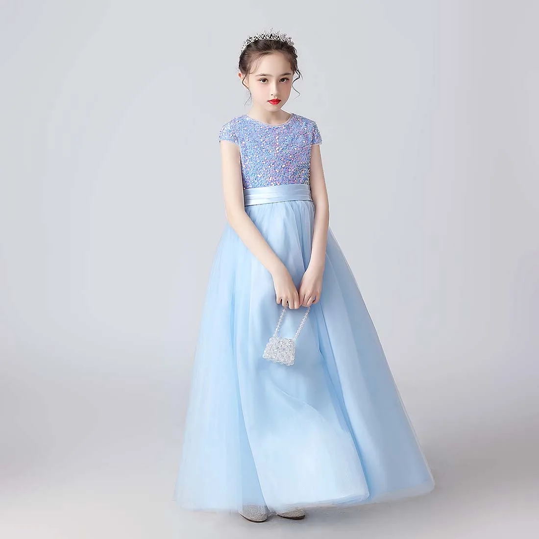 YZYmanualroom Glitter Sequins Short Sleeves Flower Girls Dresses For Wedding Tulle Birthday Party Christmas Dress For Girl