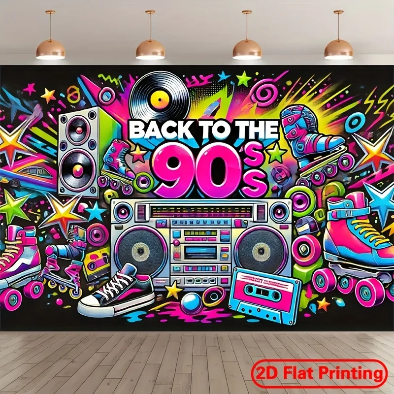 Retro 90s Graffiti Boombox Roller Skates Neon Colors 2D Flat Tapestry Backdrop For Game Room Decor Nostalgic Wall Hanging Art
