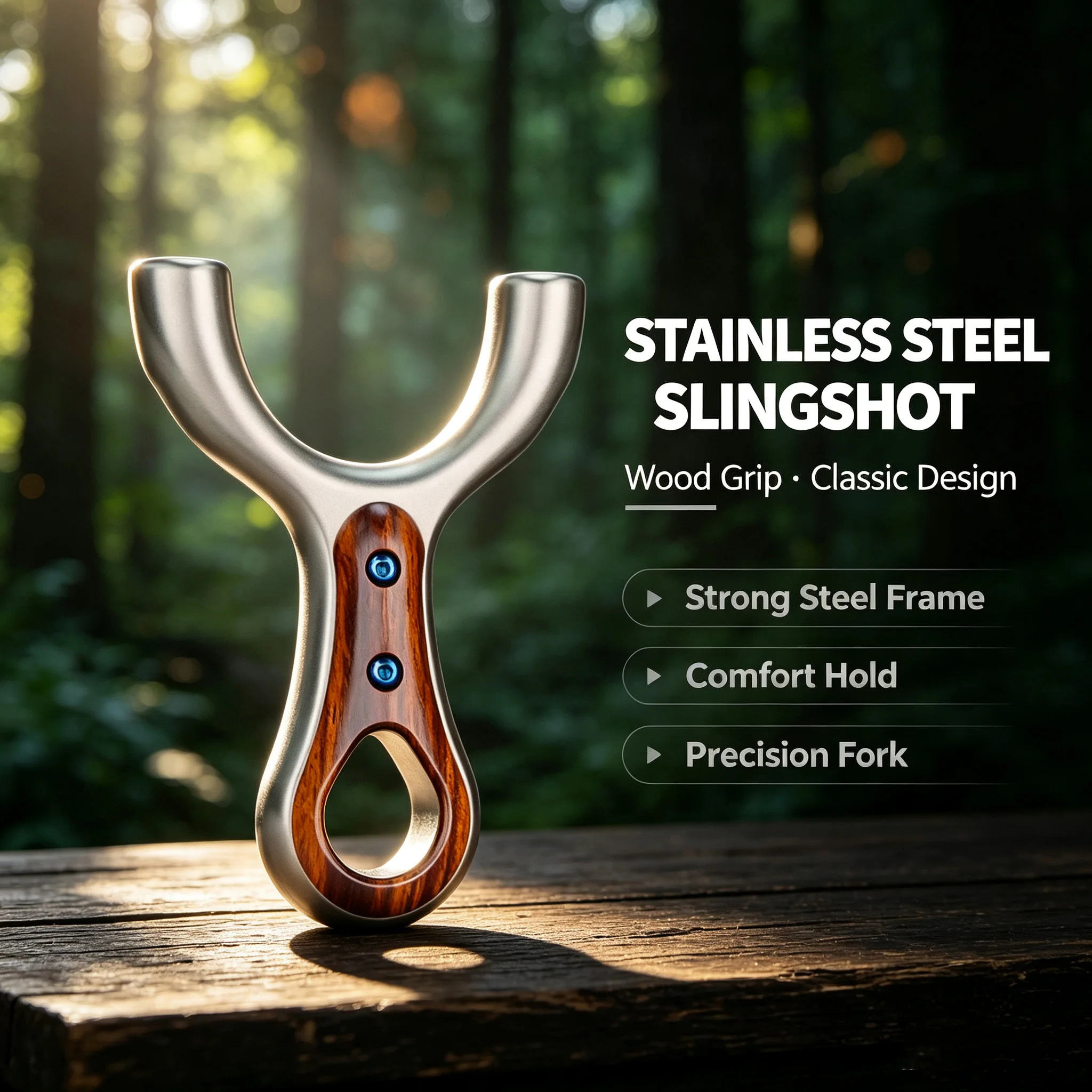 Stainless Steel Slingshot Round Tip Wood Grain Inlay Blue Screws Ring Grip High Precision Outdoor Shooting Catapult