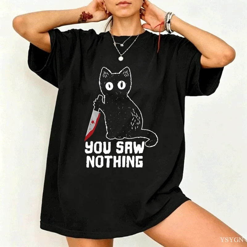 Funny Cat Graphic T Shirts Black Ca Saw Nothing T-shirt Harajuku Cotton Short Sleeve Tee Shirt Man Woman Streetwear Clothing Top