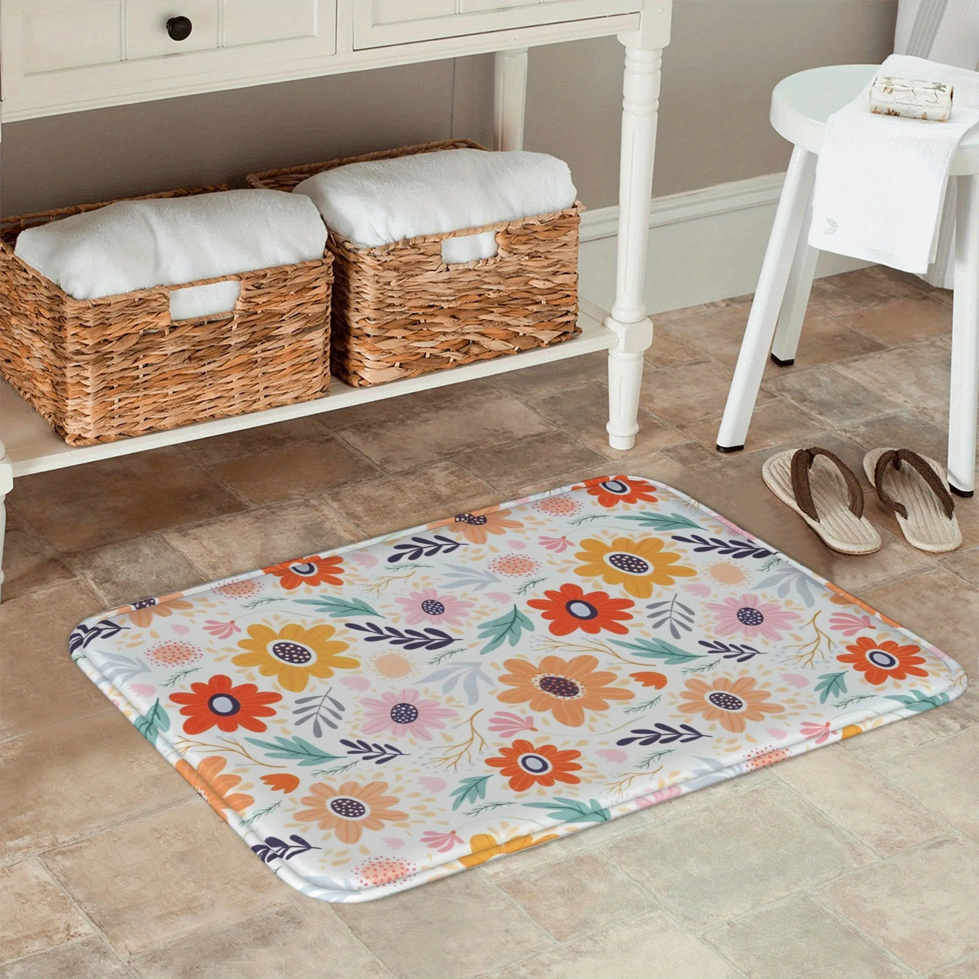 

1PC Vibrant Blossom Accent Kitchen Rug Non-Slip Door Mat Pop design Bathroom Rug Bath Mat Carpet for Home Sink Laundry Decor