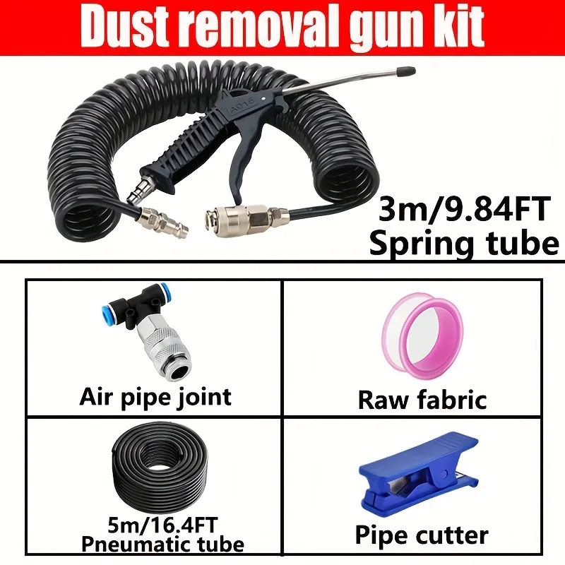 16.4FT Pneumatic Dust Collector Gun Set 5.5mm Steel Nozzle Spring Hose Combination for DIY Pneumatic Equipment Cleaning