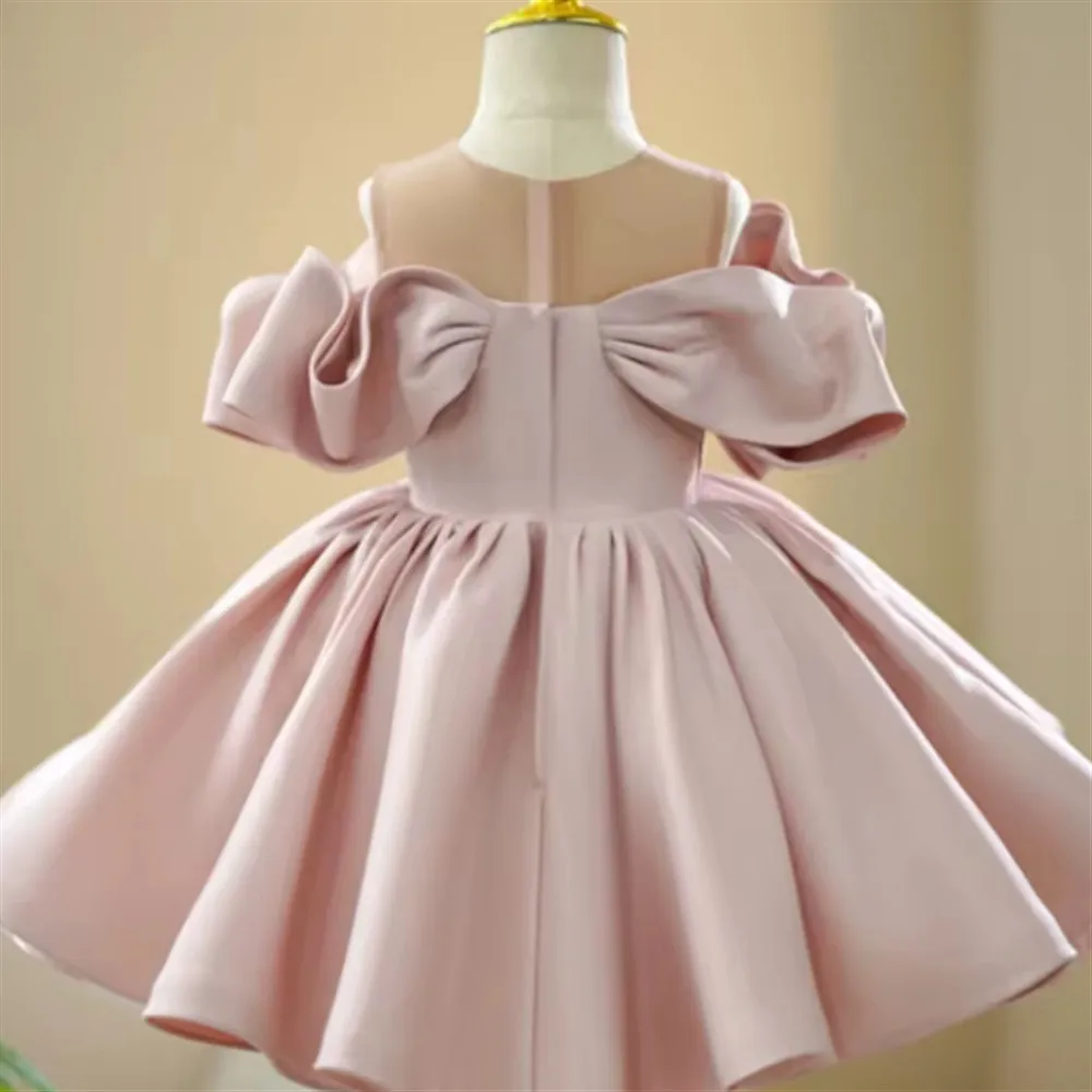 Pearls Bow Flower Girl Wedding Dress Puffy Kids First Cimmunion Gown Princess Birthday Party Pageant Dress Host Performance Gown