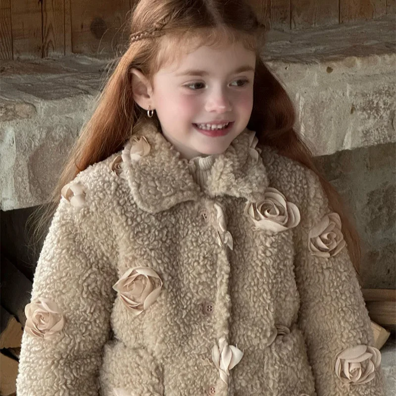 

Girls Fleece Thick Khaki Suits Children 2024 New Autumn Winter Fashion Wool Coat and Skirt Two-piece Set European Fashion Style