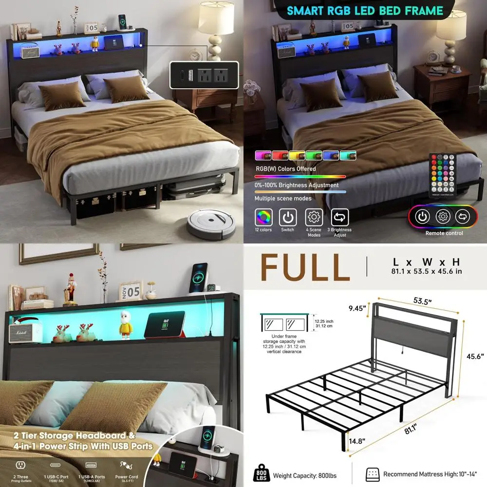 إطار سرير كامل الحجم مع لوح رأسي، إطار سرير بمنصة معدنية مع أضواء LED ومحطة شحن، تخزين تحت السرير، صلب وSt #1