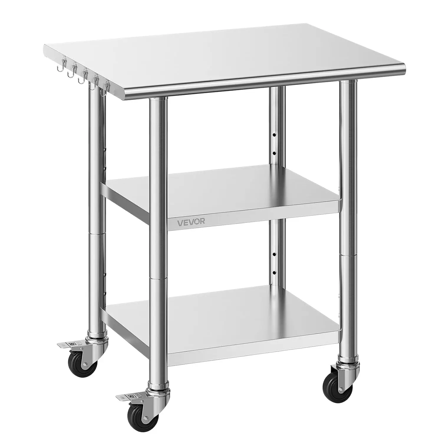Stainless Steel Work Table, 24x30 Inch Food Prep Table with 2 Shelves and Wheels, Commercial Kitchen Workstation, Metal Heavy Du