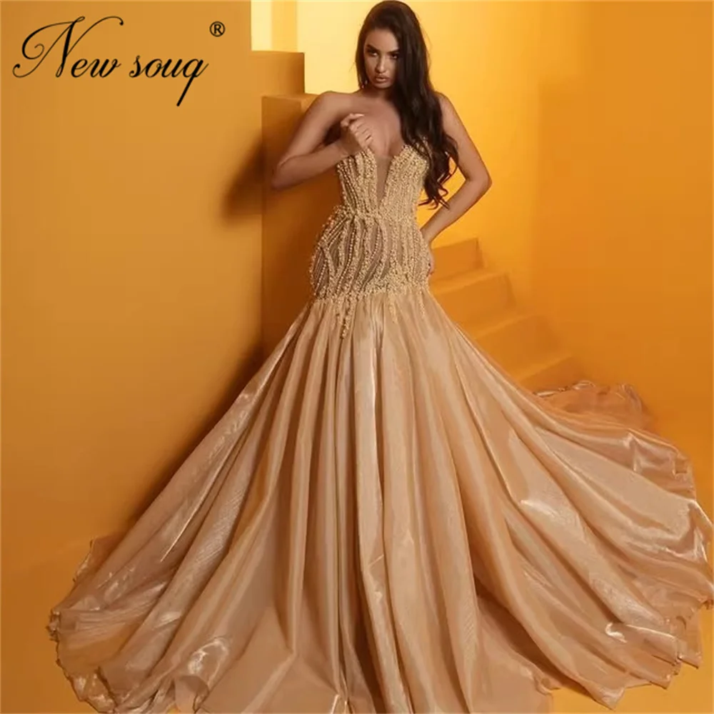 Nuevo Vestido de Noche Elegante Color Champán sin Tirantes, Estilo Sirena 2026, con Cuentas y Perlas, Vestido de Fiesta de Boda, Vestido de Graduación con Cola Larga Personalizado
