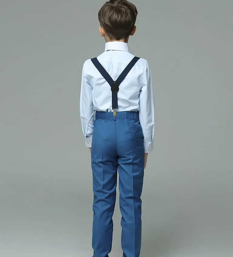 2023 Boys Summer Blue Wedding Suit Kids Shirt Suspender Pnats Bowtie 4PCS Formal Suit Child Photography Costume Teenager Uniform