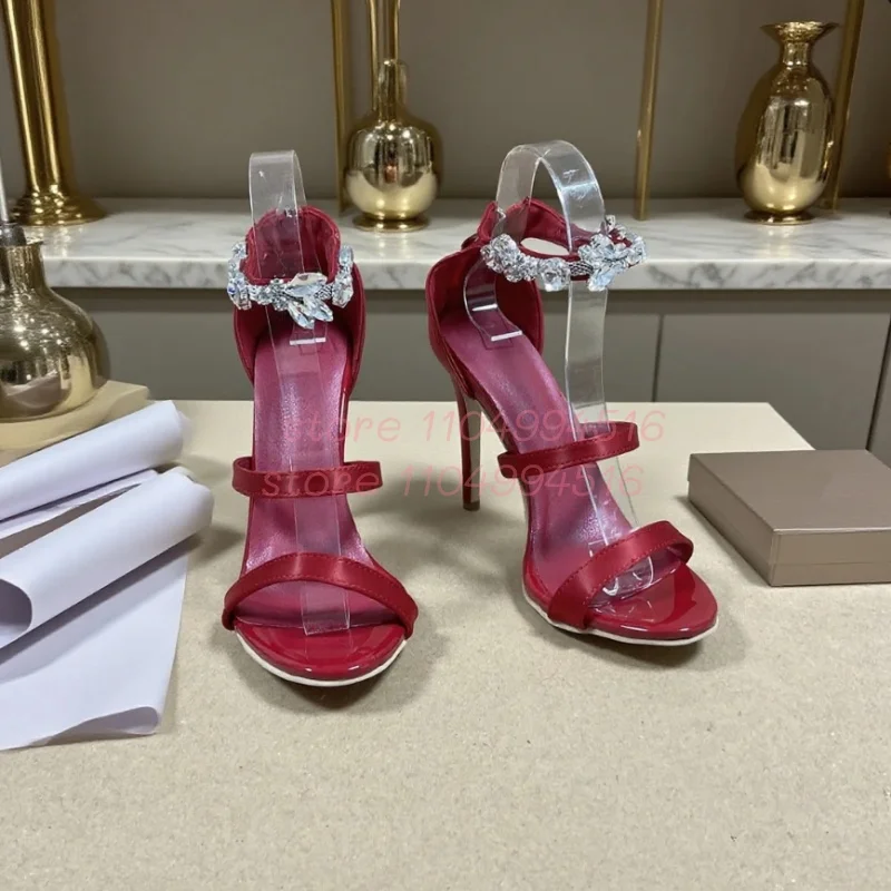 

Red Shiny Rhinestone Ankle Strap Thin Heels Women Satin Back Zipper Peep Toe Sandals Lady Sexy One-Strap Wedding Party Evening