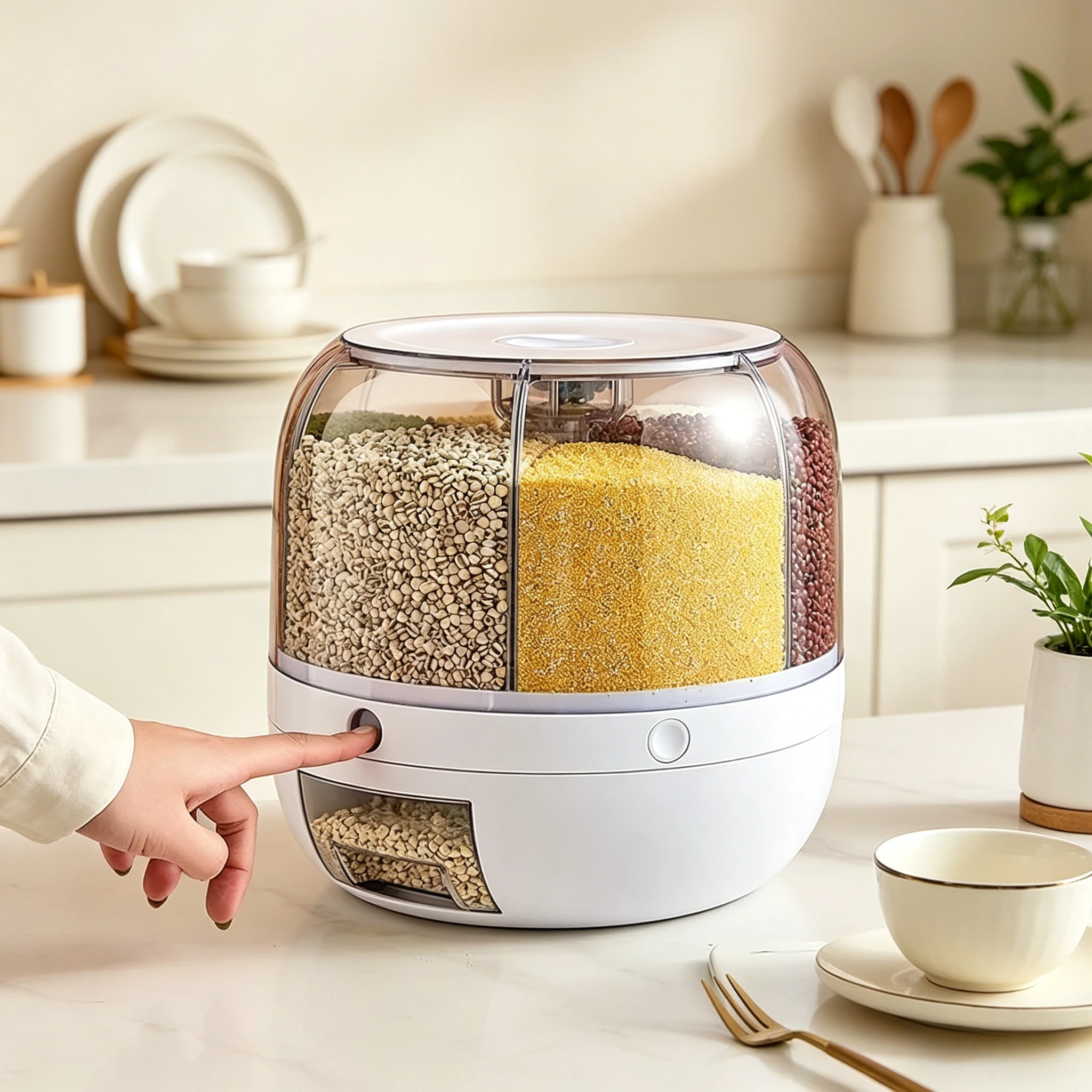 360° Rotatable 6 Grid Grain Storage Box One-Touch Sealed Moisture-Proof Rice Grain Dispenser Organizer
