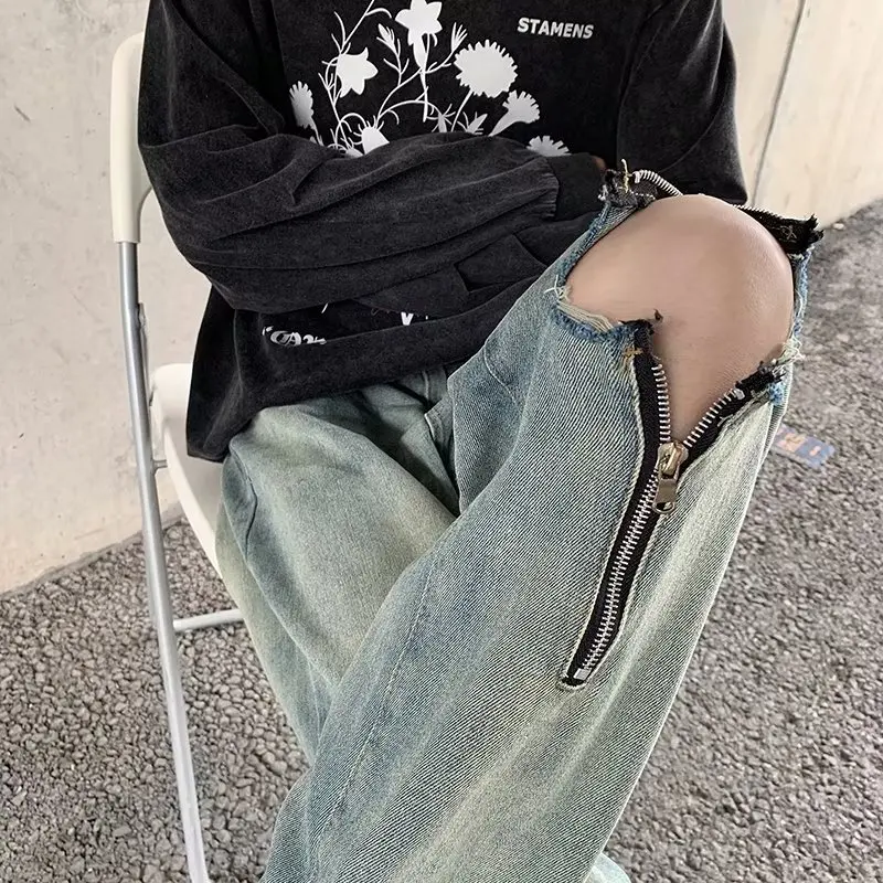 

Ripped Straight Leg Men's Jeans Spring Autumn Zipper Casual Long Trousers American Retro Cool Brand High Street Vibe