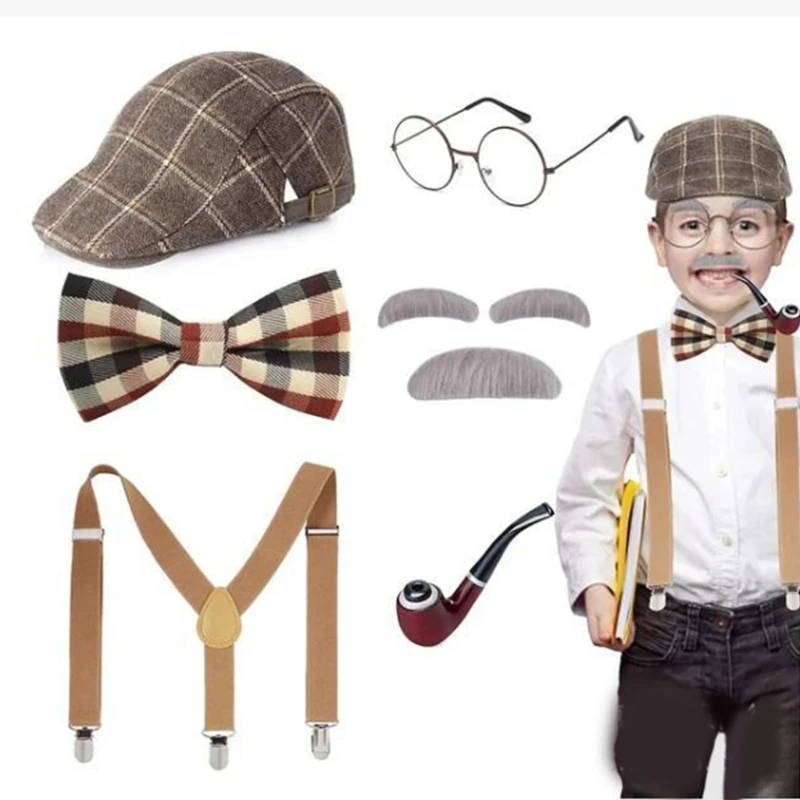 Kid Halloween Old Man Costume Nonno Barba finta Sopracciglia Cappello Occhiali