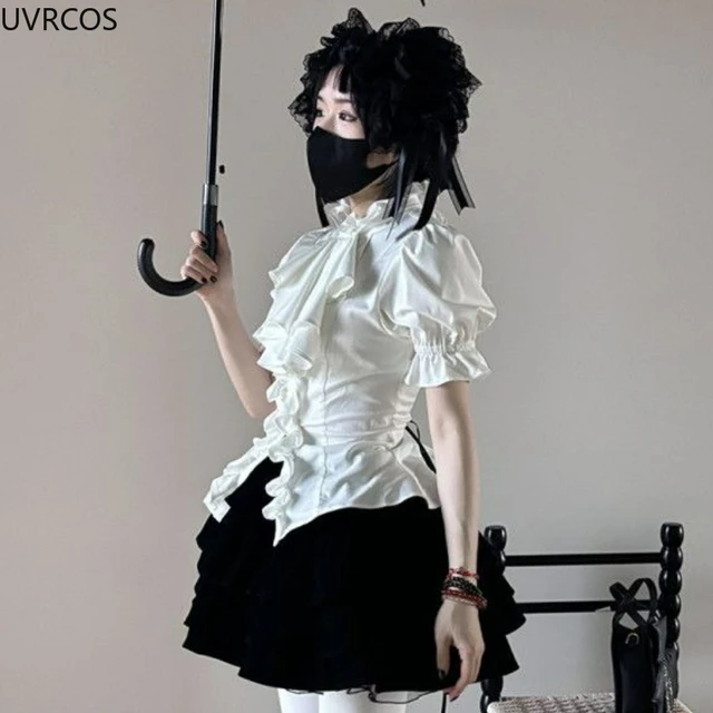 Japanese Victorian Gothic Lolita Puff Sleeves Shirts Y2k Aesthetic Ruffles Bow Slim Blouse Tops Women Vintage Elegant JK Blusas 6