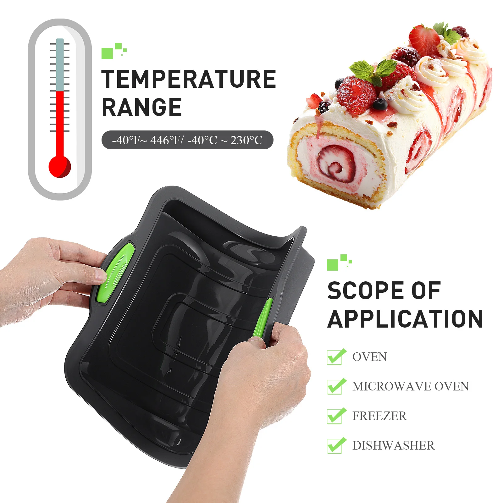 Molde de rolo de bolo de silicone, grau profissional, antiaderente, reutilizável, adequado para forno, micro-ondas, máquina de lavar louça