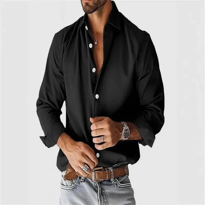 

New Men's Shirt Urban Casual Versatile Lapel Button Solid Color Top
