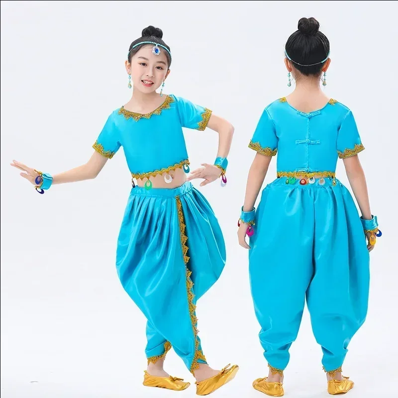 

Hot Sale Kids Belly Dance Set Halloween Performance Indian Dance Top+Pants Arabic Princess Dress Girl Aladdin Cosplay Dress