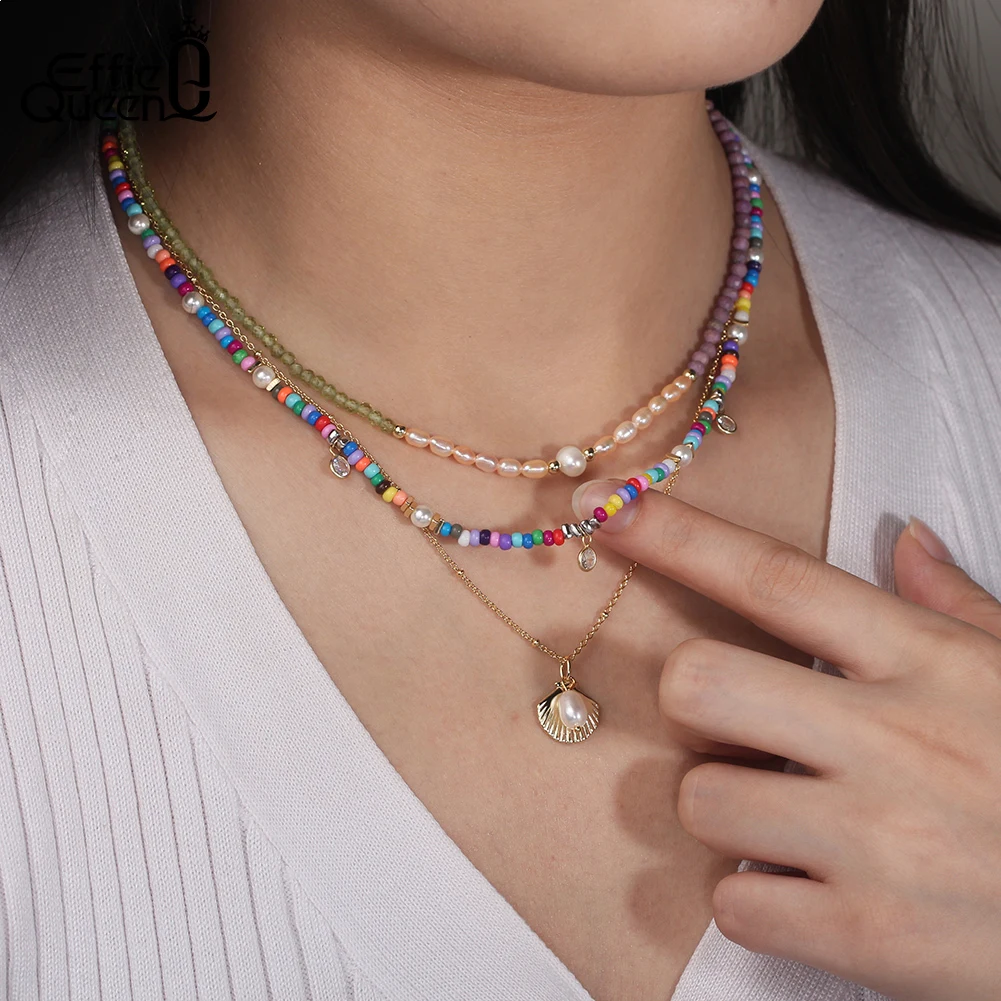 

Effie Queen 925 Sterling Silver Choker 4mm Shell Pearl With Colorful Beads & Cubic Zirconia Chain Adjustable Necklace Gift PSN06