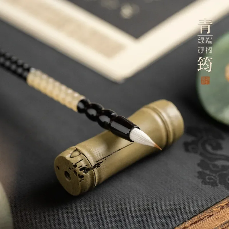 Qingyun Inkstone Pen Holder with Paperweight Green Stone Multifunctional Desk Organizer Chinese Style Office Decor Gift Box