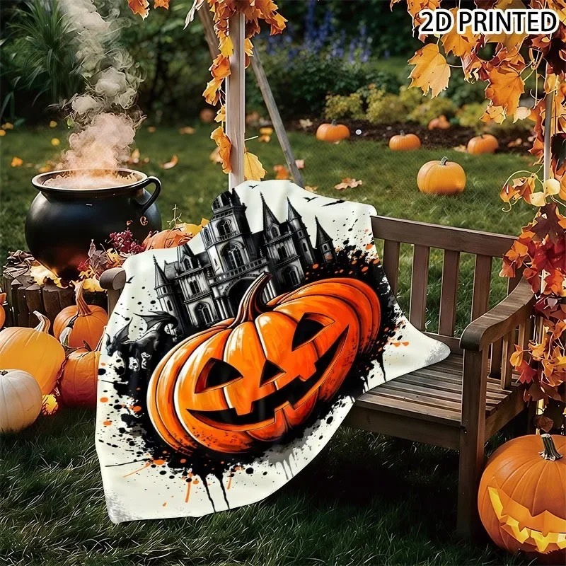 Spooky Halloween Pumpkin Haunted Mansion Scene Throw Blanket Cozy Fall Decor Gothic Style Art Print