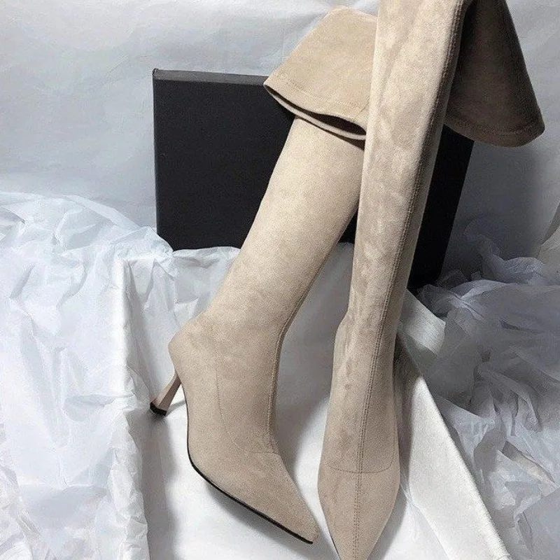 

Aneikeh Fashion Winter Pointed Toe Knee-High Women Boots Thin Heels Shoes Female Punk Long Booties Zapatos De Muje Plus Size 42