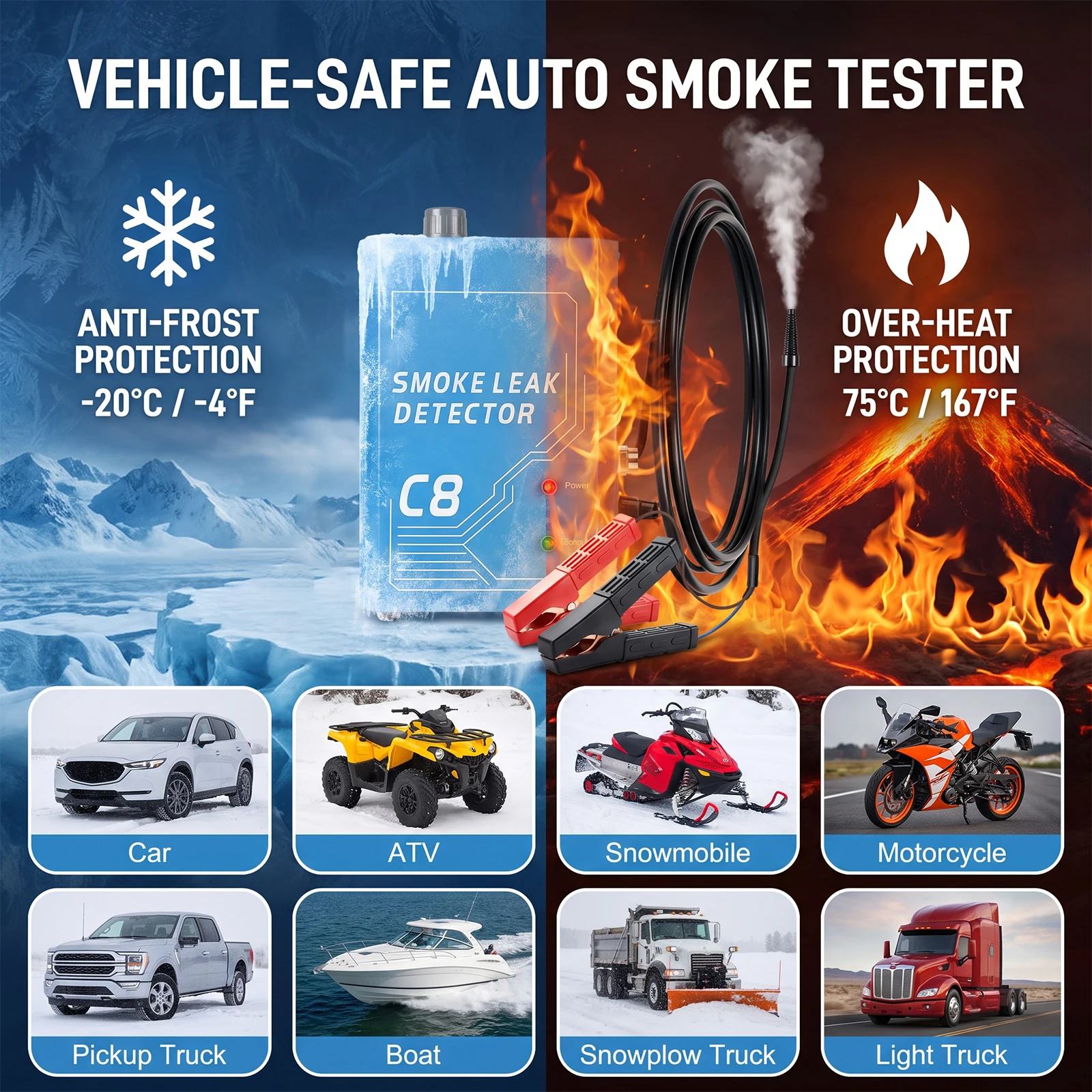 Podofo, rilevatore di perdite per auto con generatore di fumo a 12V, dispositivo per testare perdite nel sistema di tubazioni del carburante, con pompa d'aria integrata, rilevatore di perdite nel