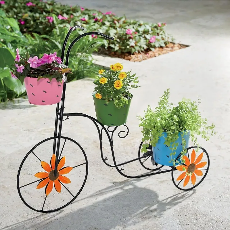 

Bicycle Planter Stand, Metal Flower Pot Cart Holder with 3 Plant Bucket Outdoor Decorative for Patio, Deck, Garden or Lawn