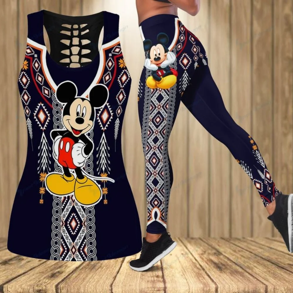 

2025Mickey Women's Hollow Vest Women's Leggings Yoga Suit Fitness Leggings Sports Suit Disney Tank Top Legging Set