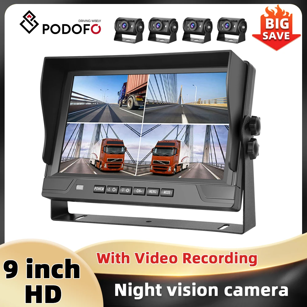 Podofo 4-way Monitor Dashboard 9 ''IPS Screen Car Reversing Monitor Waterproof IP66 Quad Split Screen Car DVR Back-up Camera