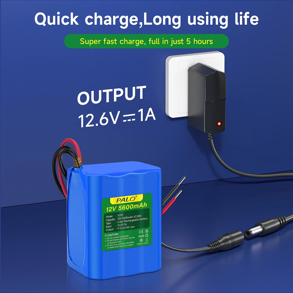 12V 5600mAh 67.2Wh Rechargeable Li-ion Battery Pack with BMS 12.6v Charger for RC Car, Boat, Robot, DlY, Large Capacity Battery