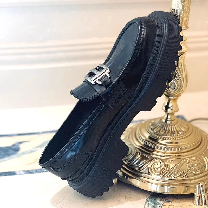 Flat men's shoes autumn new metal silver buckle lightweight thick-sole heightening loafers banquet large-size pullover men shoes
