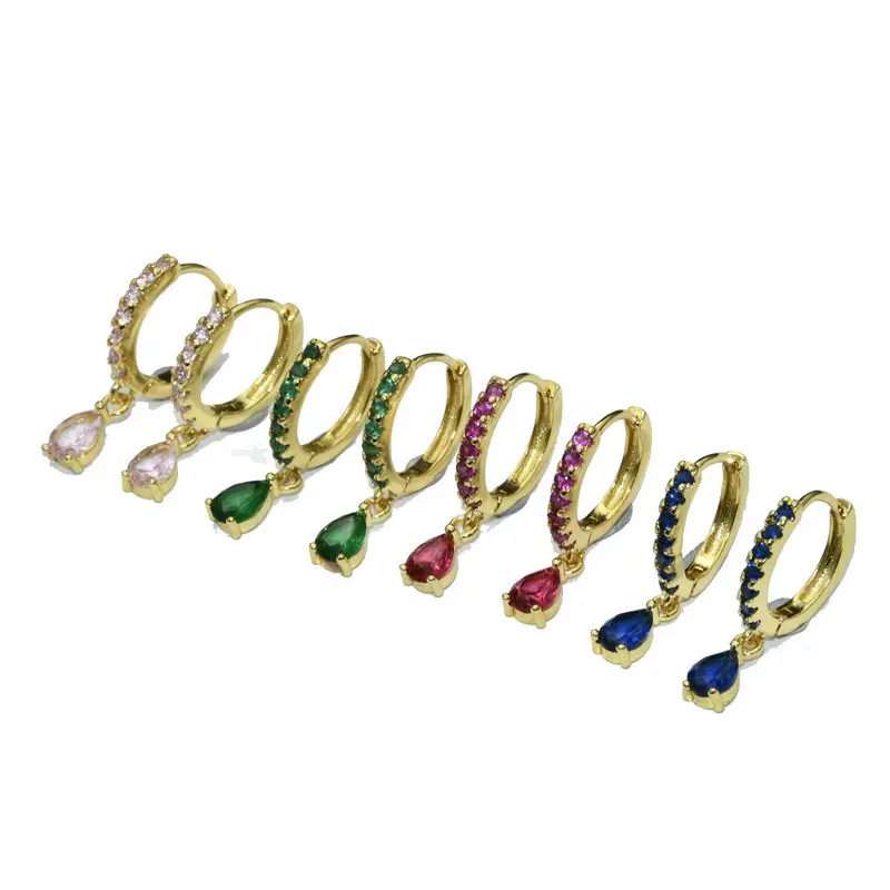 Women Jewelry Supplies Color Remain Gold Plated Multi Color Water Drop Multi CZ Setting Clip On Hoop Earring for Women