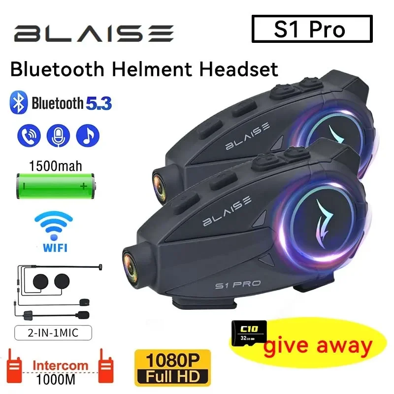 BLAISE S1 Pro Motorcycle Helmet Intercom Bluetooth Headset 1080P HD Camera IP66 Waterproof Music Share 2 Riders 1000M Interphone