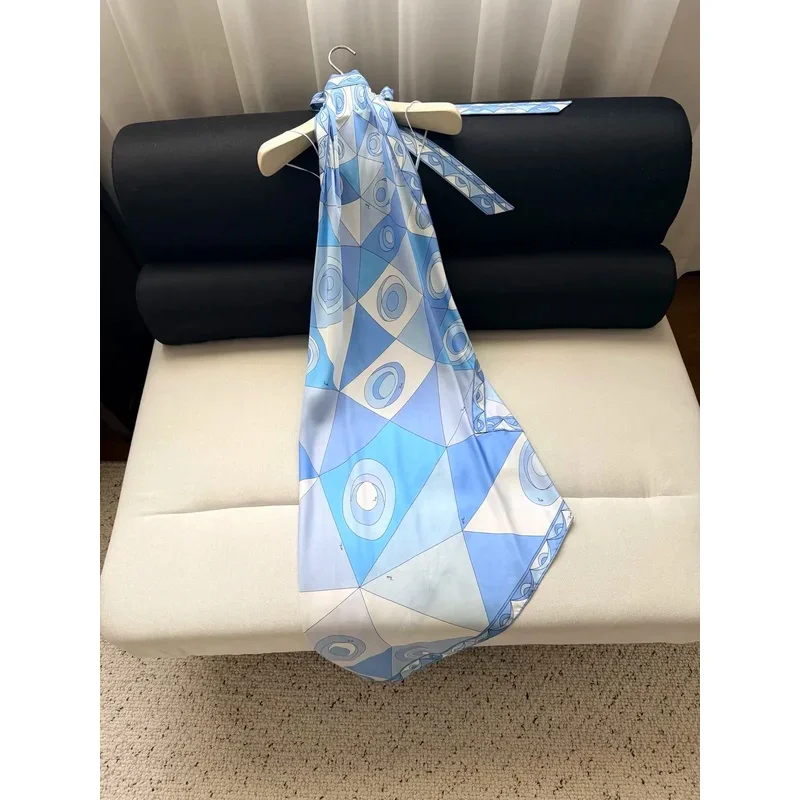 Women Hanging Neck Light Blue Geometric Pattern Irregular Silk Long Dress