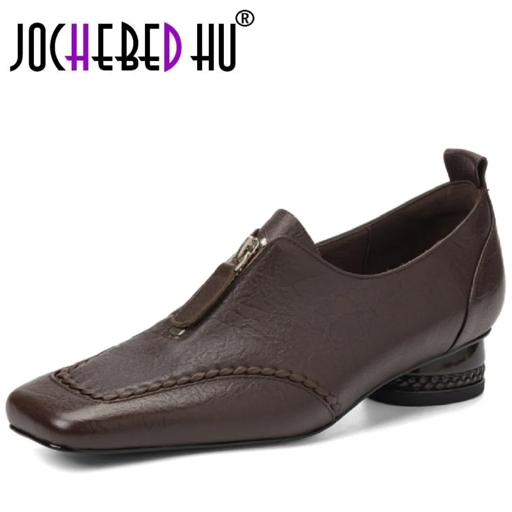 

【JOCHEBED HU】women's Handmade Genuine Leather Square toe front zip high quality soft comfortable casual female 34-40